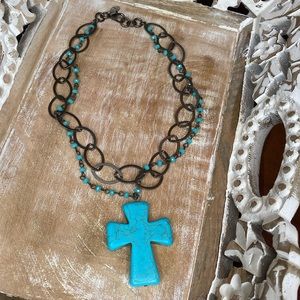 LOYAL MUSE Necklace 2” Cross / Rosary Turquoise Beads Gunmetal Oblong Chain